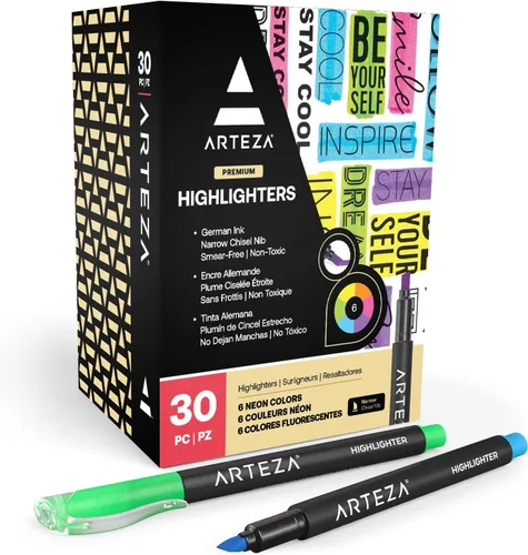 ARTEZA Juego de 30 resaltadores, punta de cincel estrecha, paquete a granel de marcadores en 6 colores neón surtidos, suministros de oficina y