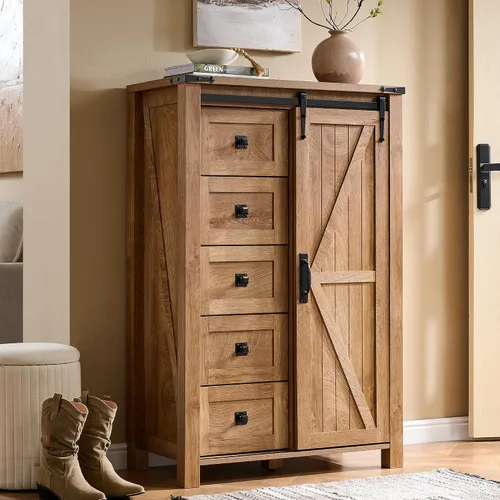 Miniatura 8 de T4TREAM Cómoda de 5 cajones para dormitorio con puerta de granero deslizante, cómoda moderna alta de estilo granja, 5 cajones, organizador de Roble