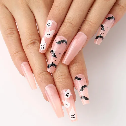 Miniatura 2 de Uñas postizas de Halloween con diseño de ataúd, uñas postizas acrílicas extralargas con diseños, uñas postizas de cobertura completa con gel, 24