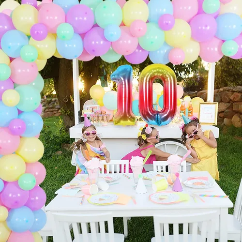 Miniatura 5 de Decoraciones de cumpleaños número 10 para niñas, juego de guirnalda de globos de macarrón con un solo dígito con texto en inglés "I'm 10" Backdrop