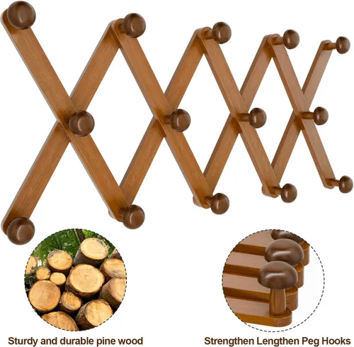 Miniatura 4 de WGFKVAS Perchero para sombreros de pared con 14 ganchos, de madera maciza, perchero expandible para colgar abrigos, sombreros, bolsos, gorras