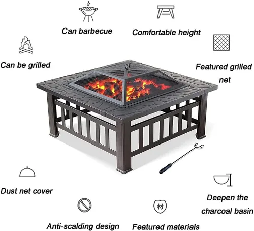 Miniatura 5 de Mesa para hoguera de 32 pulgadas para exteriores, hoguera de leña con cubierta impermeable, pantalla de chispas y parrilla, parrilla cuadrada