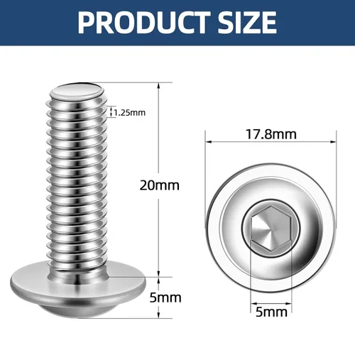 Miniatura 2 de Tornillos de cabeza de botón con brida M8-0.049 x 0.787 in, tornillos de brida, acero inoxidable 18-8 304, rosca completa, unidad de enchufe Allen