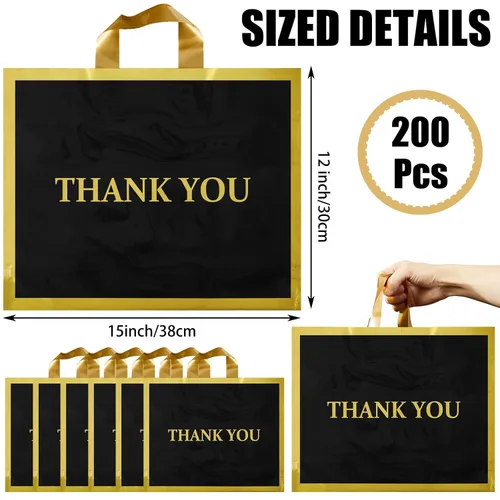 Miniatura 2 de Sweetude 200 bolsas de plástico negras de agradecimiento con asa de 12 x 15 pulgadas, bolsas de mercancía para tiendas de regalos de pequeñas