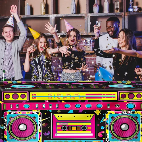 Miniatura 6 de Mantel de radio de fiesta de 6 pies y 80 y 90, decoración de mesa de cumpleaños para fiesta temática de los años 90, suministros de decoración