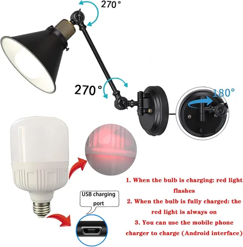 Miniatura 4 de Lámpara de pared con pilas, sin necesidad de cableado, iluminación de pared, con brazo oscilante, con control remoto regulable, para interiores