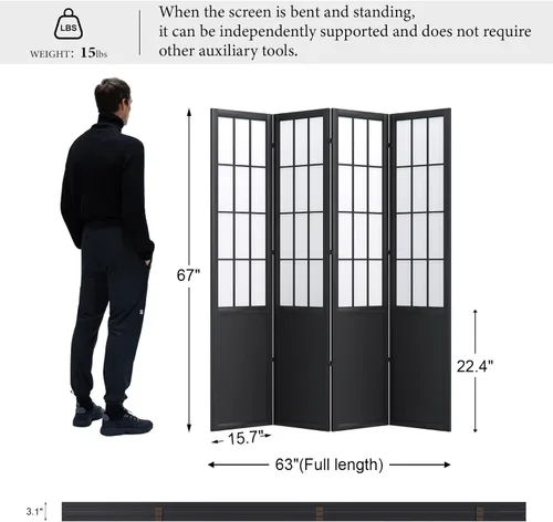 Miniatura 6 de Divisor de habitación, pantalla plegable de madera estilo Shoji japonés de 66.9 pulgadas de alto con bisagras dobles para decoración del hogar