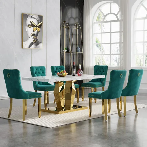 Miniatura 87 de Moderno juego de mesa de comedor de mármol sintético de 68.11 pulgadas para 6, mesa de comedor de mármol blanco y plateado con 6 sillas de Blanco
