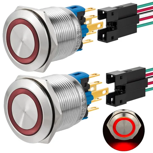 Miniatura 13 de 2 interruptores de botón de cierre de 0.866 in, 7/8 pulgadas, 110 V-120 V, SPDT, interruptor de encendido y apagado, impermeable, IP67, acero Azul