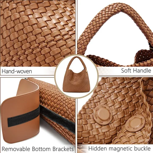 Miniatura 3 de PS PETITE SIMONE Bolso de mano tejido para mujer, bolso grande tejido de cuero, bolso trenzado, bolso tejido color avellana