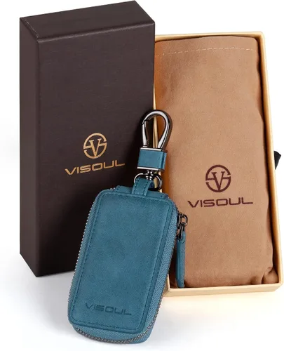 Miniatura 7 de VISOUL Leather Car Key Fob Case Holder for Men and Women, Zipper Keychain Protector Cover with Metal Hook for House Keys