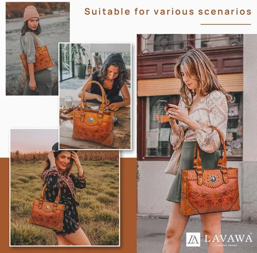 Miniatura 2 de Bolso de mano para mujer, bolso grande del oeste, bolso de hombro con asa superior, estilo vintage en relieve, tachuelas