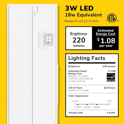 Miniatura 2 de Luz LED GetInLight, regulable, con certificación ETL, para debajo de los armarios, con 3 niveles de color: blanco cálido 2,700 K, blanco suave 3,000