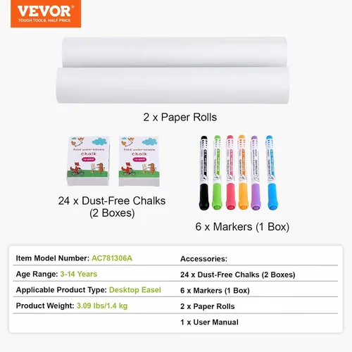 Miniatura 7 de VEVOR Juego de accesorios de caballete, 32 piezas de caballete artístico para niños, incluye tizas, marcadores de borrado en seco y rollos de papel