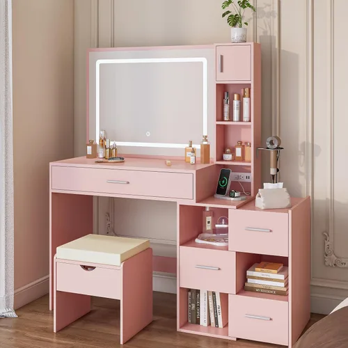 Escritorio de tocador con espejo iluminado LED, armario lateral deslizante con almacenamiento expandible, mesa de maquillaje con cajones y estantes,