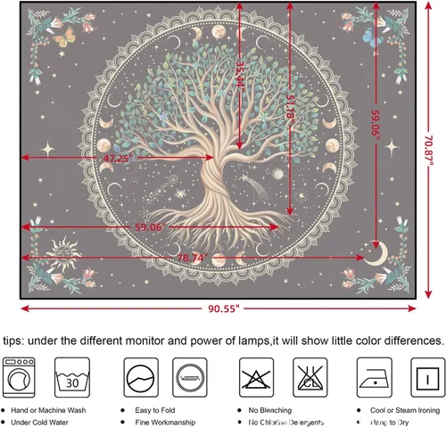 Miniatura 7 de Tapiz de árbol de la vida de fase lunar, naturaleza, flores, plantas, mariposas, tapices bohemios, mandala espiritual, tapiz estético para colgar
