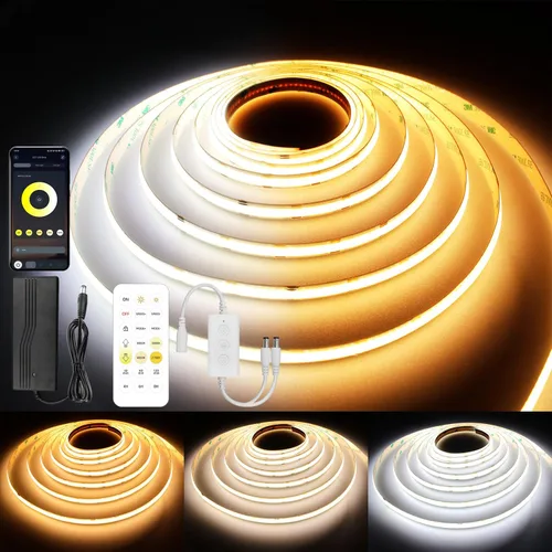 AXMOTUT CCT Tira de luces LED COB, 65.6 pies Tira de luz LED blanca regulable 2700K-6500K 24V, tiras LED de alta densidad CRI 90+ con control remoto