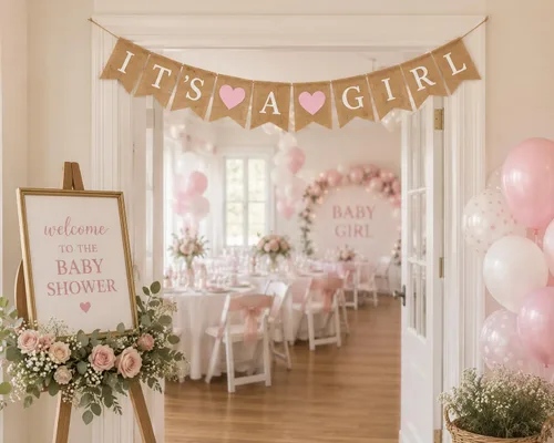 Miniatura 7 de Cartel de arpillera con texto en inglés "It's a Girl" para decoración de baby shower y fiesta de revelación de género (corazones rosa claro)