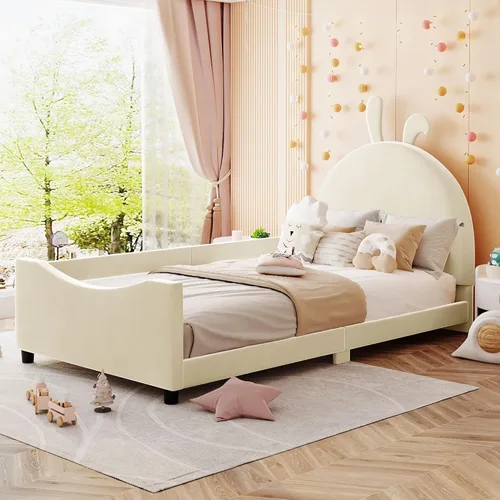 Elegante sofá cama tapizado de tamaño individual con cabecera en forma de oreja de conejo, para niños pequeños y niñas (beige con oreja de conejo,