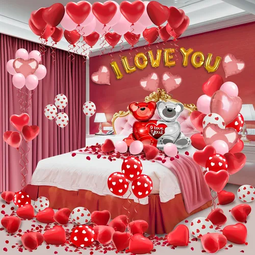 Miniatura 4 de Lutoys Kit de decoración de globos de San Valentín con globos "I Love You", globos de corazón con 1000 pétalos de rosa roja de seda para el día