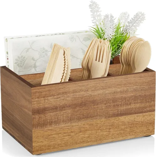 DRASTAR Organizador de Utensilios, Organizador de Cubiertos para Fiestas, Soporte de Cubiertos de Madera de Acacia, Organizador de Cubiertos para