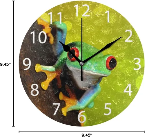 Miniatura 8 de Reloj de pared redondo con diseño de rana de árbol de ojos rojos, pintura al óleo silenciosa sin tictac, decorativo para el hogar, oficina, escuela