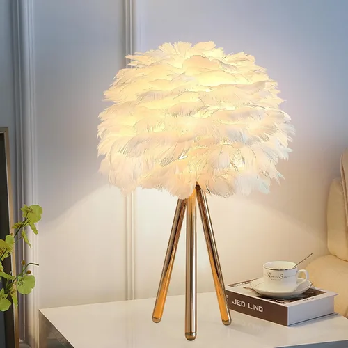 Miniatura 8 de ZYLEIESENBAO - Lámpara de pluma blanca con textura de piel de mesa H16'' Moderna lámpara de escritorio de princesa con trípode, luz esponjosa