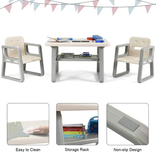 Miniatura 5 de Costzon Juego de mesa y silla para niños, mesa de actividades para niños y 2 sillas con estante de almacenamiento para artes infantiles