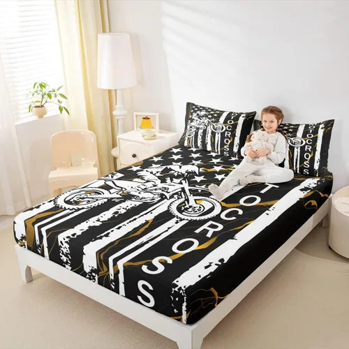 Miniatura 3 de Erosebridal Sábana bajera ajustable con bandera estadounidense, juegos de ropa de cama para adolescentes y motos de cross, tamaño individual
