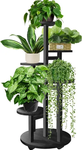 GEEBOBO Soporte alto para plantas de 5 niveles para interiores, estante de madera para plantas, estante de exhibición de esquina, soporte de macetas
