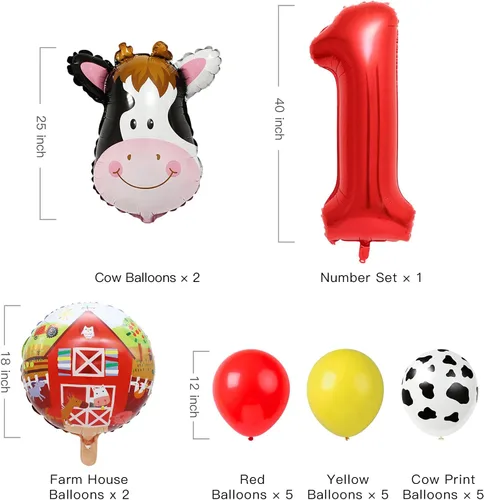 Miniatura 2 de Globos de vaca para decoración de fiesta de cumpleaños de animales de granja, suministros de globos de granero con globo grande número 1