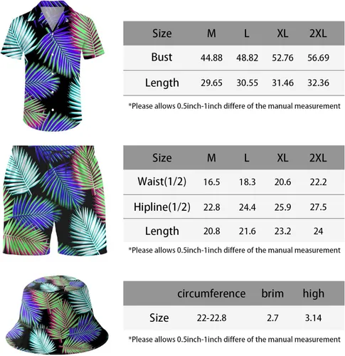 Miniatura 7 de ifamawlea Conjunto de 2 piezas para hombre, camisa hawaiana, pantalones cortos, camisa con botones y pantalones cortos con sombreros de pescador