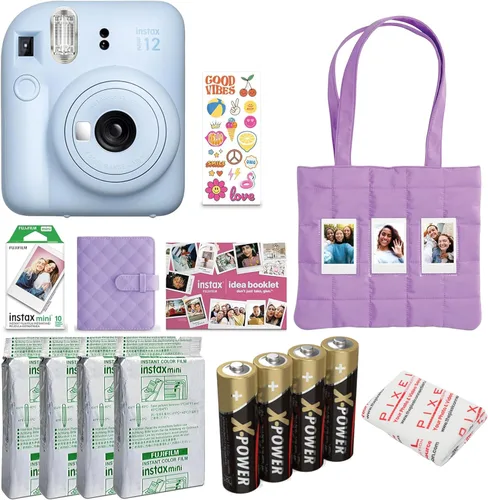 FUJIFILM Instax Mini - Paquete de 12 cámaras de película instantánea (azul pastel) con 4 películas instantáneas Instax Mini, paquete de aluminio,