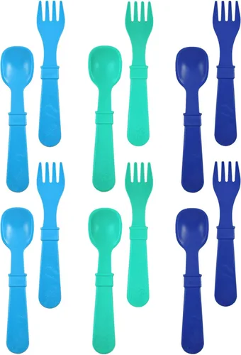 Re-Play Juego de tenedores y cucharas para niños pequeños, juego de utensilios de 6 x 6 pulgadas para niños, apto para lavavajillas y microondas,