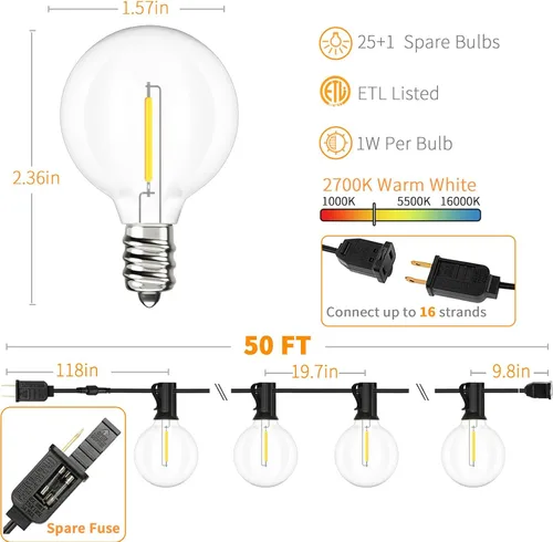 Miniatura 2 de Svater Cadena de luces para exteriores de 50 pies, luces LED para patio exterior con 26 bombillas, impermeable, inastillable, luz colgante tipo