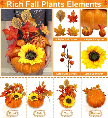 Miniatura 5 de Temporizador y preiluminado: decoraciones de Acción de Gracias, calabaza, calabaza artificial con hojas de arce, girasol, bayas, 20 luces LED