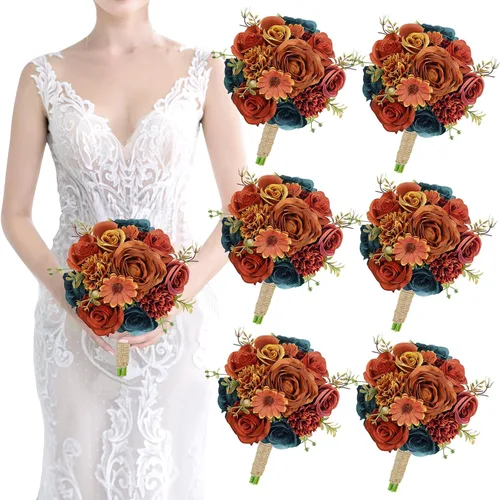 Miniatura 32 de Ramos de dama de honor para boda, juego de 6 ramos de flores artificiales para decoración de otoño, boda, propuesta de matrimonio, fiesta, Naranja