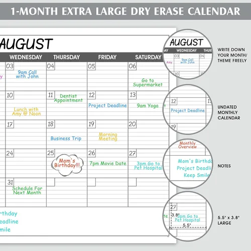 Miniatura 4 de Calendario grande de borrado en seco para pared, calendario de pared de 1 mes sin fecha, 40 x 30 pulgadas, calendario laminado borrable
