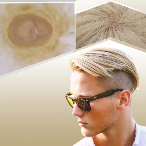 Miniatura 15 de Toupee para hombres sistemas de reemplazo de cabello humano real europeo para hombres, postizos finos, centro de encaje, piel más gruesa, pieza