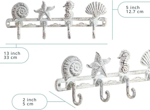 Miniatura 3 de Comfify Percha de pared con 4 ganchos de caballo de mar estrellas y conchas en hierro fundido – montado en la pared decorativo organizador
