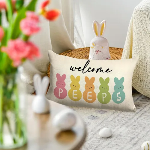 Miniatura 6 de GOOESING Fundas de almohada de Pascua de 12 x 20 pulgadas, funda de cojín de lino para sofá, decoración del hogar