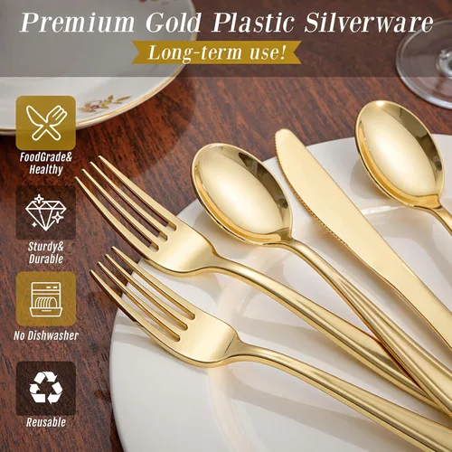 Miniatura 7 de WDF 160 piezas de cubiertos de plástico dorado - Cubiertos de oro resistentes Incluye 80 tenedores, 40 cucharas, 40 cuchillos, utensilios