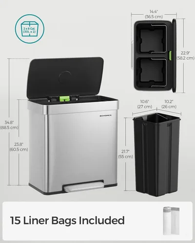 Miniatura 5 de SONGMICS Basurero de cocina de 16 galones (2 x 8 galones) con doble compartimento, cubo de reciclaje de pedal de 60 L, se mantiene abierto y cierre