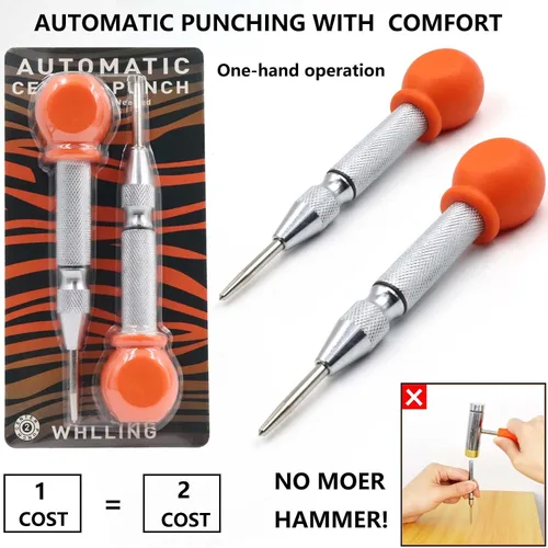 Miniatura 5 de WHLLING Punzón central automático de 2 piezas, perforador de metal ajustable de 5 pulgadas, herramienta de punzón central con resorte con tapa