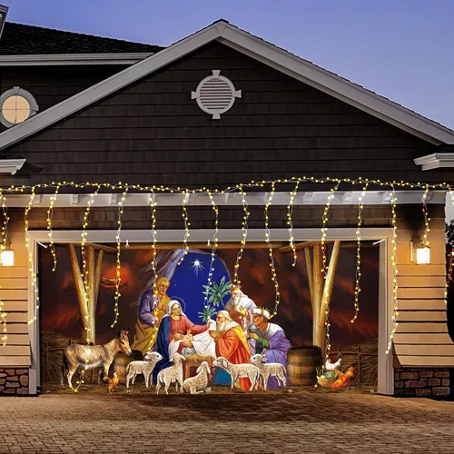 Miniatura 2 de Cubierta para puerta de cochera de Navidad Wesiti 6 x 13 pies, cartel religioso de Jesús, Feliz Navidad, para puerta de cochera, fondo de escena