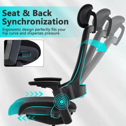 Miniatura 4 de CLATINA Silla de oficina ergonómica de tela con profundidad ajustable, altura del asiento, cabeza 2D, reposabrazos 3D y soporte lumbar, silla