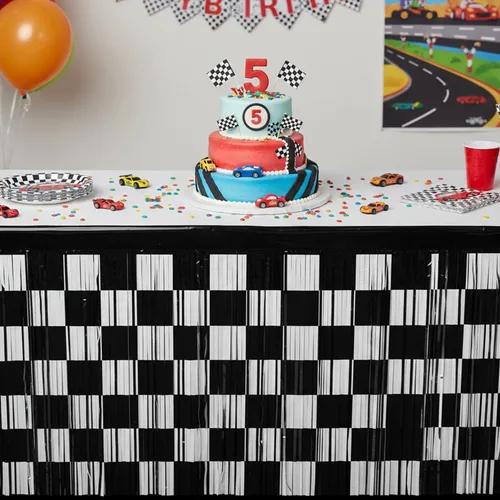 Miniatura 6 de Falda de mesa metálica de oropel con flecos de oropel de carreras para decoración de fiesta de cumpleaños, paquete de 2 cortinas de mesa de 29.5 x