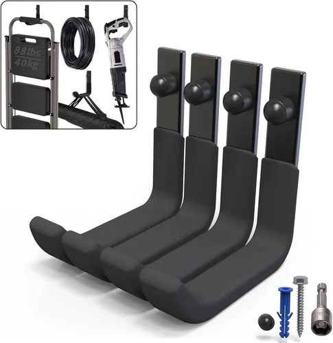 Paquete de 4 ganchos de almacenamiento para garaje, colgadores de escalera, ganchos de acero para montaje en pared, ganchos utilitarios para colgar