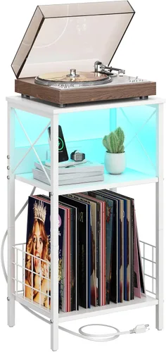 Miniatura 10 de Sthmec - Mesa auxiliar de 3 niveles con estación de carga, tocadiscos LED para almacenamiento de vinilo, estante de discos para álbumes, mesas