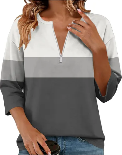 Miniatura 20 de Sudadera de manga larga con media cremallera para mujer, de gran tamaño, bloque de color, con cremallera de un cuarto, camisas de moda de primavera